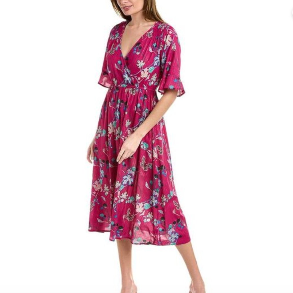 Anna Kay Ovida Floral Pink And Metallic Midi Dress Size L Resort Boho Cocktail